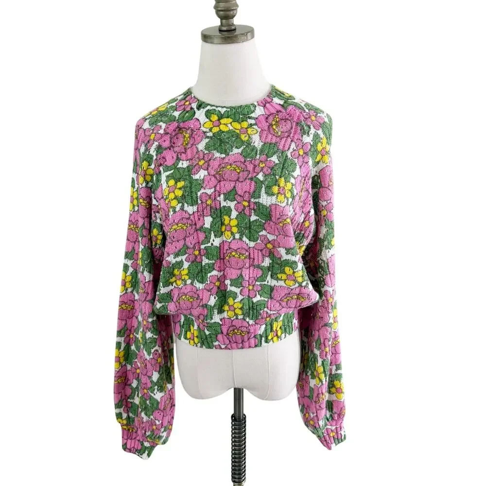 Show Me Your Mumu Pink/Green Floral Print Sweater Women's Size Small Crew Neck